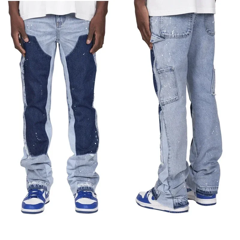 

Джинсы Y2k 2025 года, мужские мешковатые джинсы с нашивкой и рисунком, модная рабочая одежда, популярные джинсовые расклешенные брюки с эластичной нашивкой