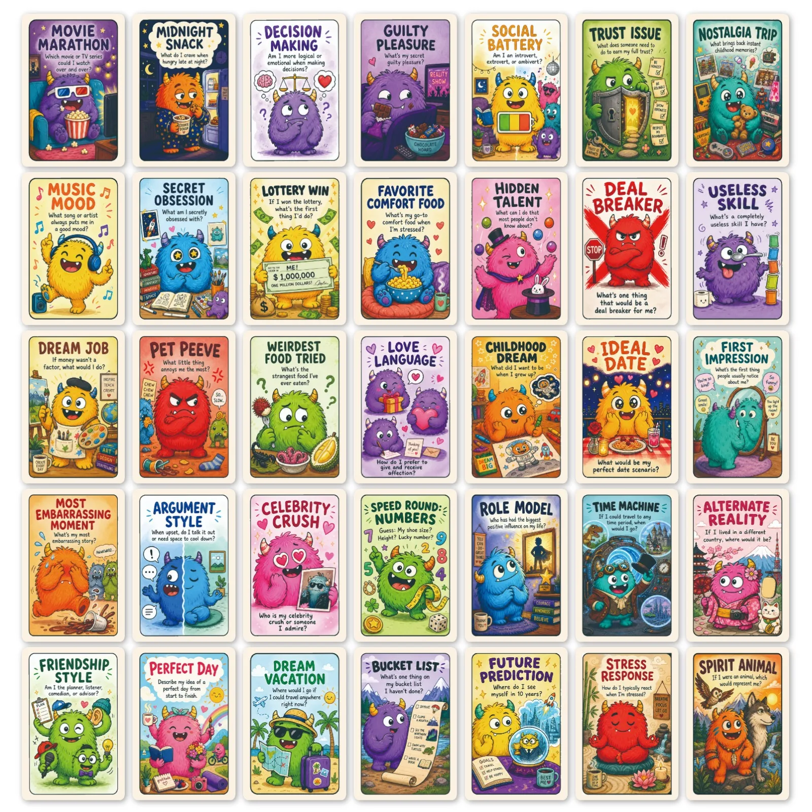36PCS Cartoon Monster Conversation Cards, English Q&A Cards for Parent-Child Communication, Kids Social Emotional Game