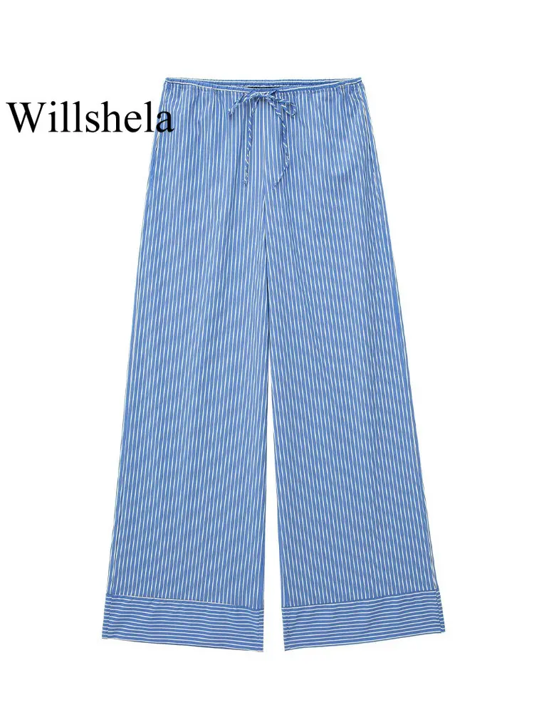 Willshela Women Fashion Striped Drawstring Lace Up Straight Pants Vintage Mid Elastic Waist Female Chic Lady Trousers