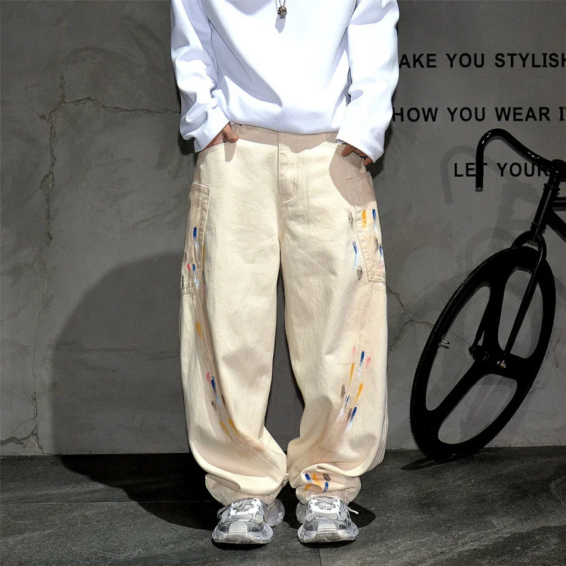 

American High Street Vibe Graffiti Paint Splatter Curved Wide Leg Jeans Men, Trendy Loose Off-white Trousers