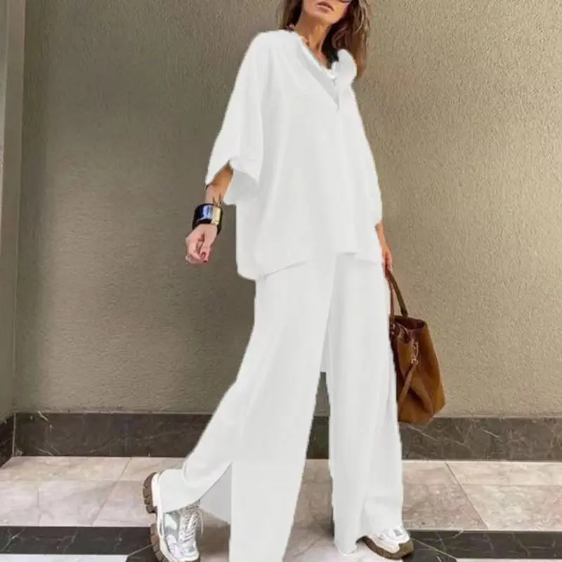 

Femme Casual Solid Color Loose Outfit Spring 3/4 Sleeve Top Pullover & Wide Leg Slit Pants Women Set Autumn Streetwear 2pcs Suit