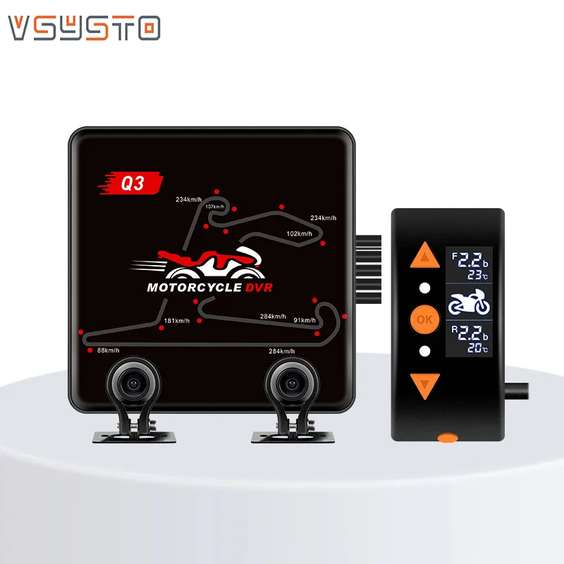 VSYSTO Q3 Motorcycle Camera OLED Screen Wired Controller with TPMS , Parking Recording ,GPS, High Speed WiFi Motorbike Dash Cam