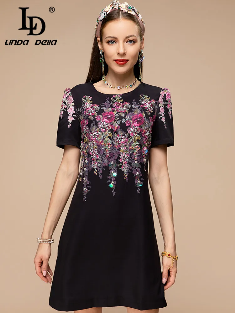 

LD LINDA DELLA New 2023 Summer Fashion Women Vintage Short Dress Floral Print Crystal Sequins Party Mini A-Line Dress