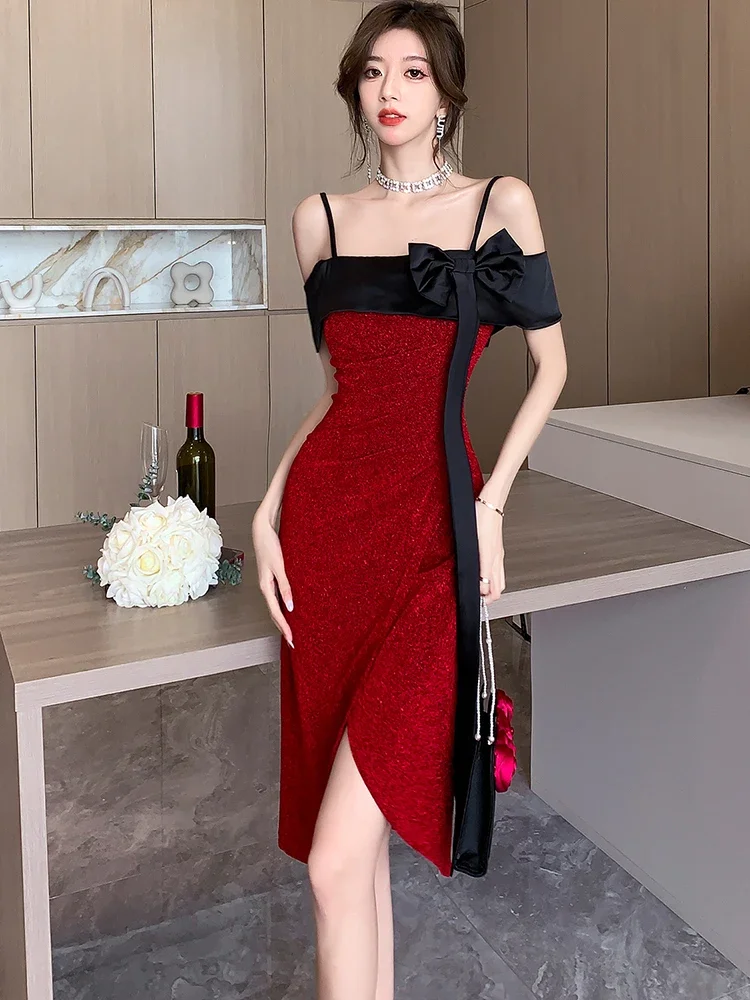 Red Patchwork Black Bow Chic Gala Dresses Woman Summer Elegant Bodycon Sling Sexy Dress 2024 Korean Luxury Party Evening Dresses