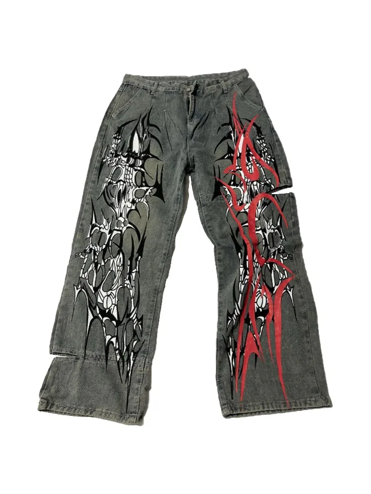 HOUZHOU Y2k Gothic Print Man Women Jeans Washed Harajuku Wide Leg American Vintage Baggy Denim Pants Unisex Hip Hop Streetwear