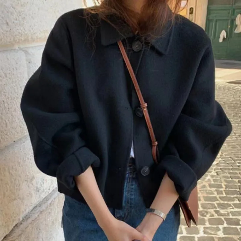 Korean Chic Coat Autumn Winter Niche Retro Collar Casual Loose Bubble Sleeves Short Woolen Coat Cardigan Women 2024 New Item