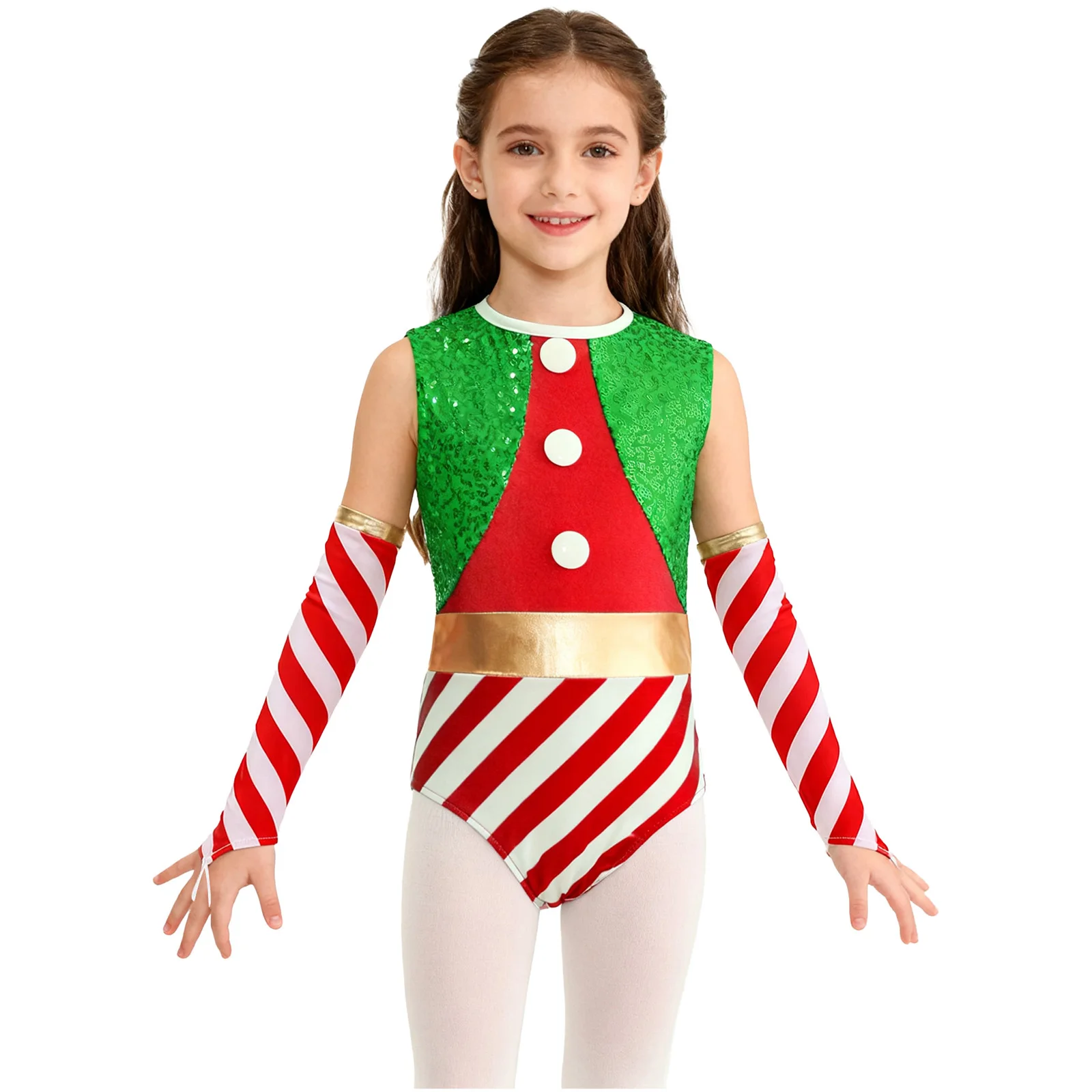 

Kids Girls Shiny Sequin Christmas Santa Claus Jumpsuit Asymmetrical Shoulder Big Bow Stripe Xmas Dress with Stripe Oversleeves