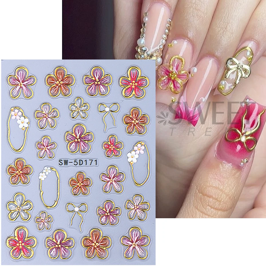 Pegatinas de uñas en relieve de lirio de cristal 5D, marco de línea dorada de pétalo colorido, calcomanía deslizante de lazo, accesorios de decoración de manicura DIY, herramientas