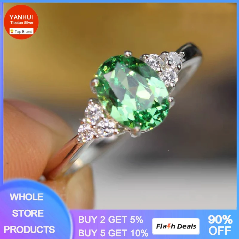 YANHUI Allergy Free Women\'s Created Emerald Rings Original Tibetan Silver Jewelry With Oval Cut 5A Royal Green Olive Zircon Ring