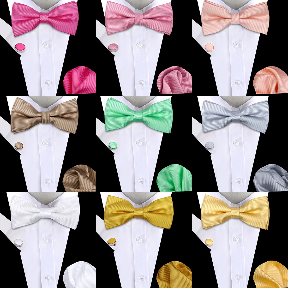 

Fashion Man or Girl's Luxury Elegant Suit Solid Colors Thread Bow Tie Handchief Cufflink 3-piece Business Wedding Party Gifts