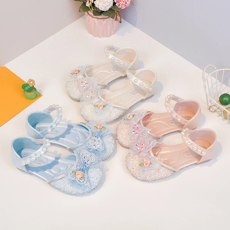 Girls Half Sandals Kids Glitter Crystal Pearl Sandals Cute Flower Children Flats Elegant Mary Jane Shoes for Party Wedding