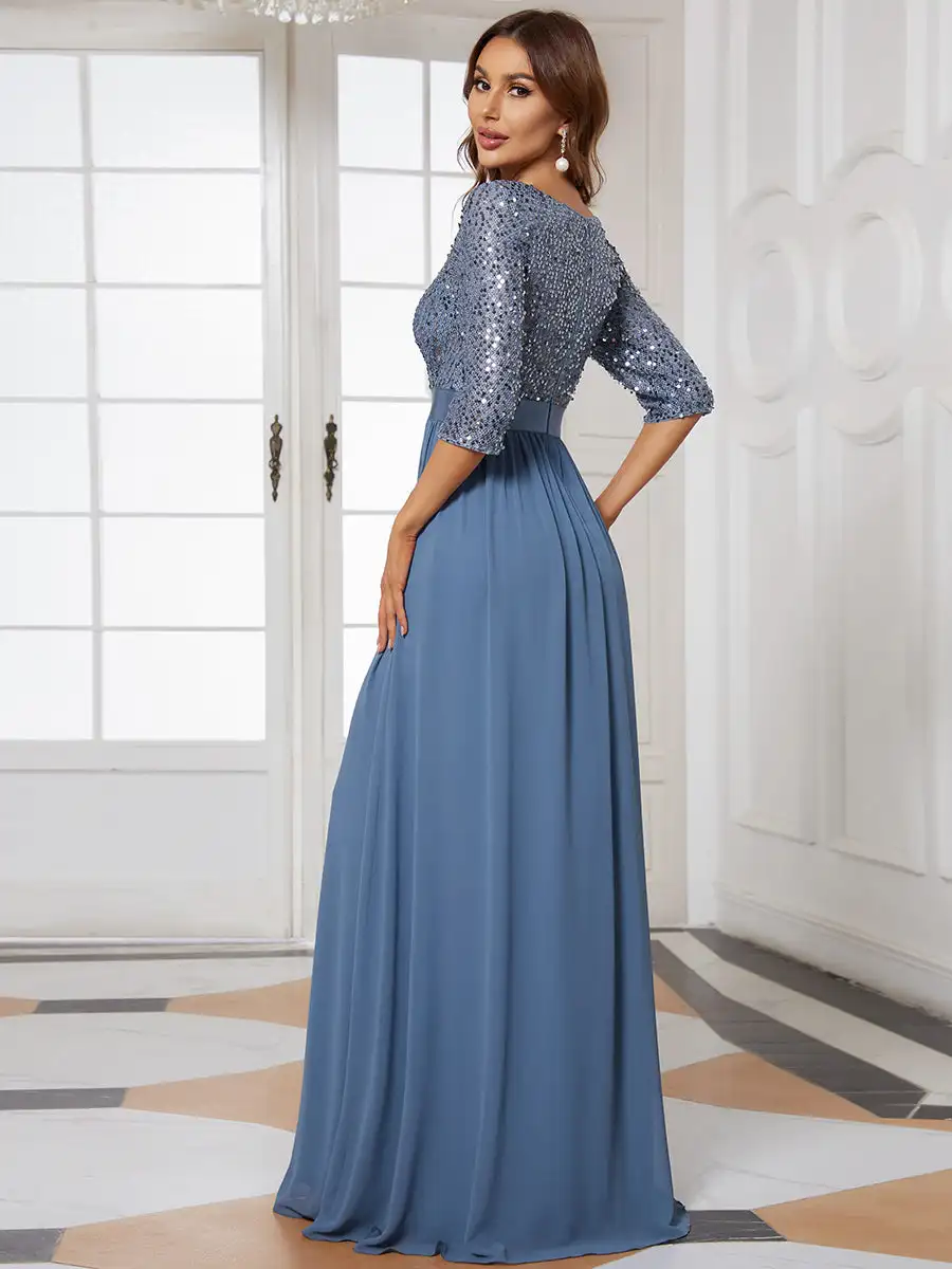 Gorgeous Evening Dresses O-Neck High Slit Sequin A-line skirt Floor-Length 2025 Ever Pretty of Dusty Blue Bridesmaid dress