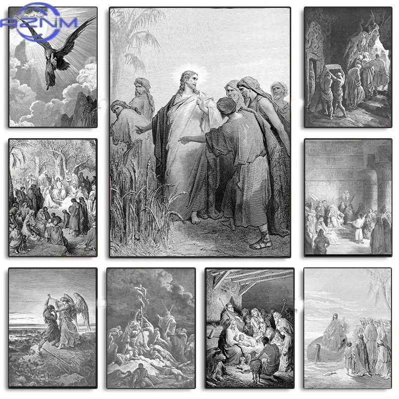 Gustave Dore Vintage Classic Artwork Jacob Wrestles The Angel Poster Canvas Painting Wall Art Pictures for Living Room Decor