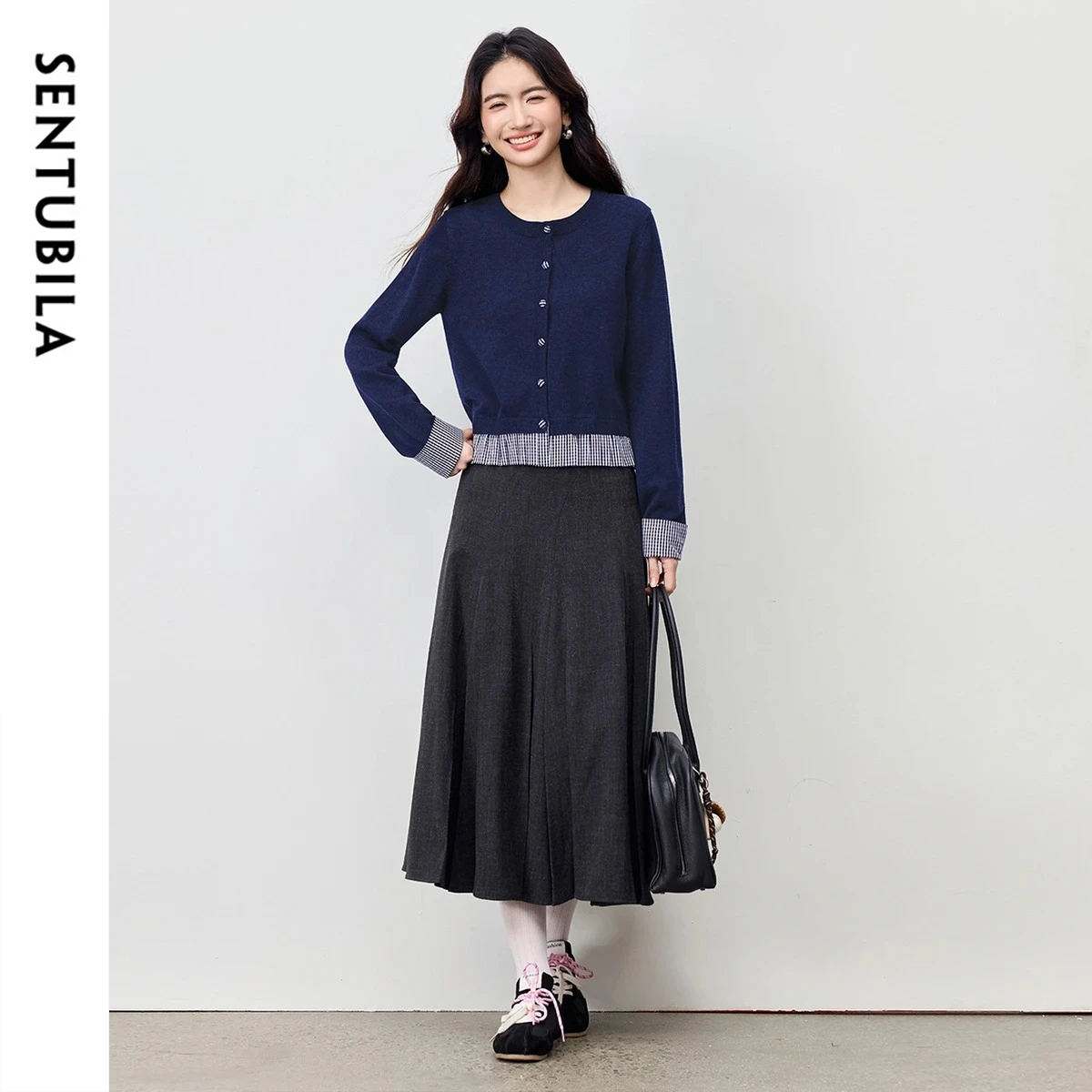 SENTUBILA 여성용 모크 투피스 가디건 2025 가을 O넥 배색 체크 스웨터 출퇴근 캐주얼 니트 탑 W54EB4066