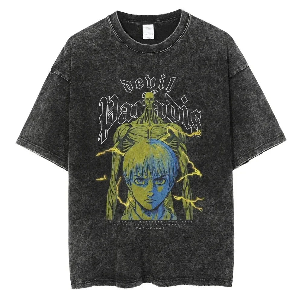 Camiseta de Algodón Lavado Estilo Vintage de Verano 2026 de Attack on Titan, Oversize, Streetwear, Armin Arlert, Titán Colosal, Diablo del Paraíso