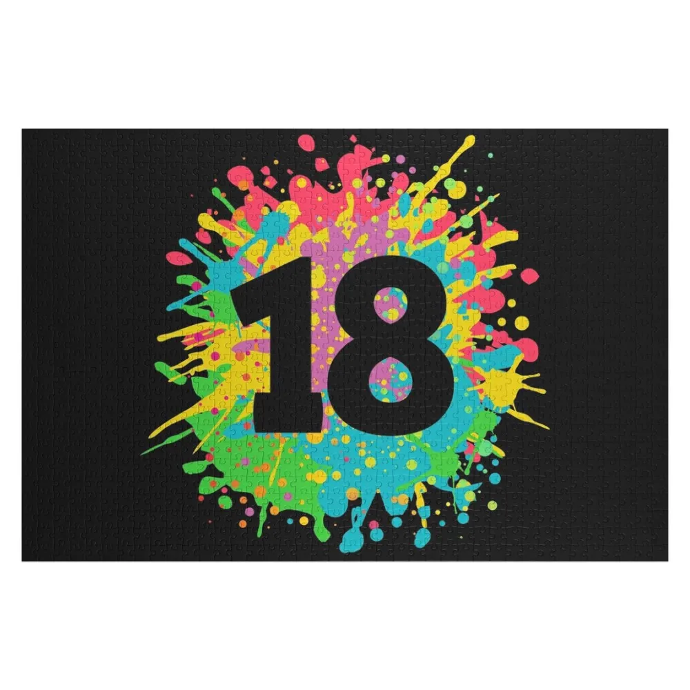 

18th birthday for teens, girls, boys, number 18 in paint splashes, team event design Jigsaw Puzzle Custom Photo Puzzle