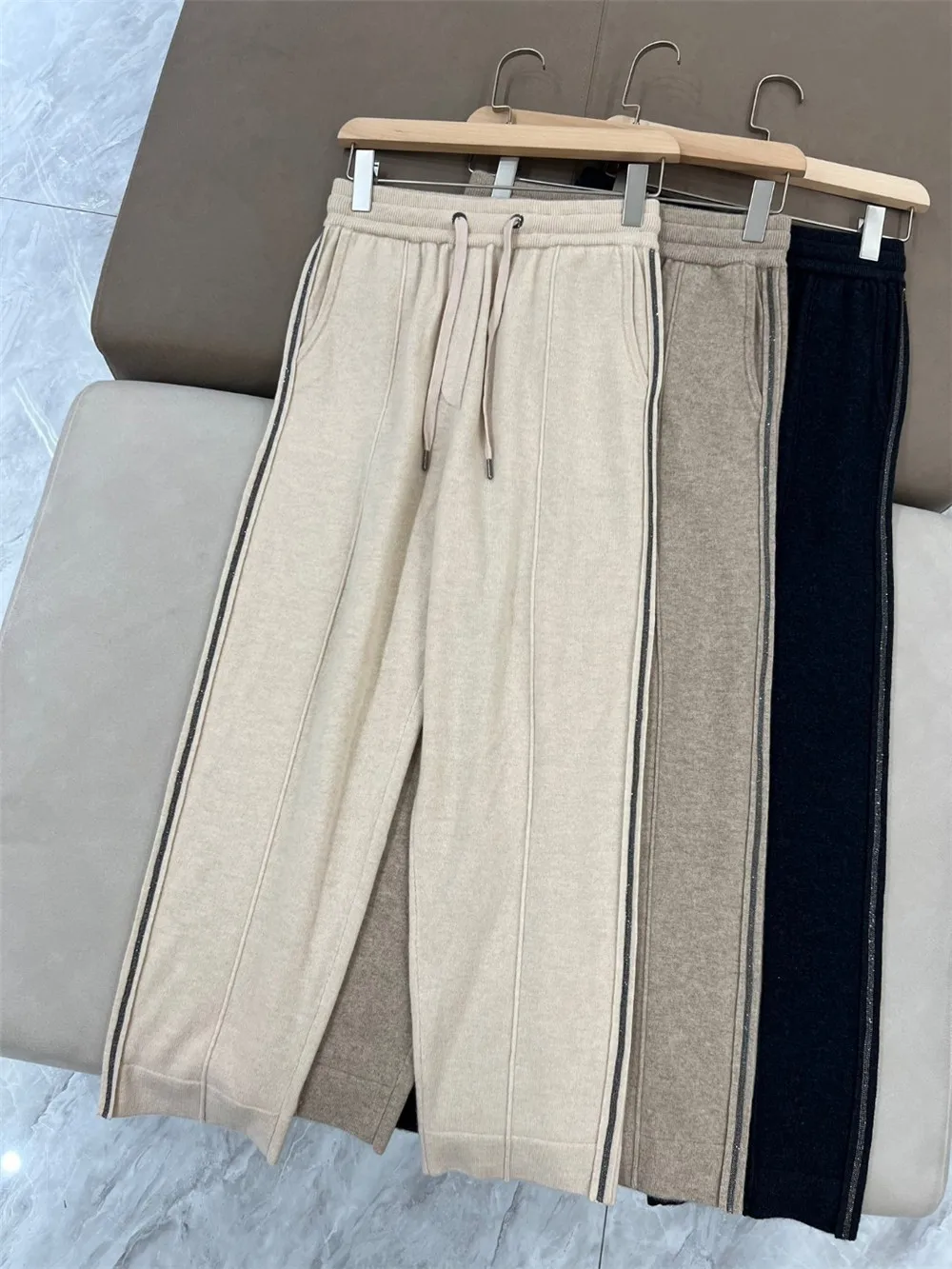 Women's Straight-Leg Cashmere Pants, Female Casual High Waist Elastic Trousers