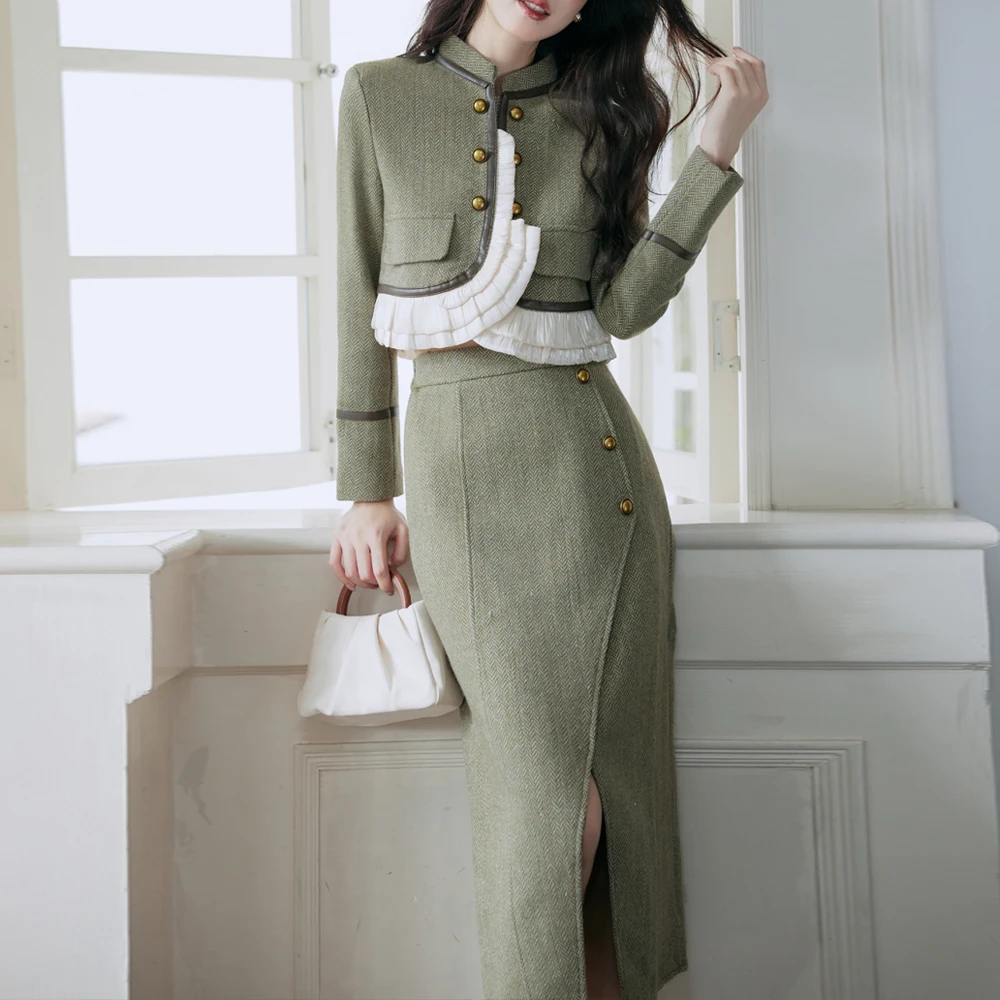 Korean Fashion Vintage 2 Two Piece Set Womens Outfits Autumn Long Sleeve Short Jacket Crop Coat+ Pencil Split Skirt Suits