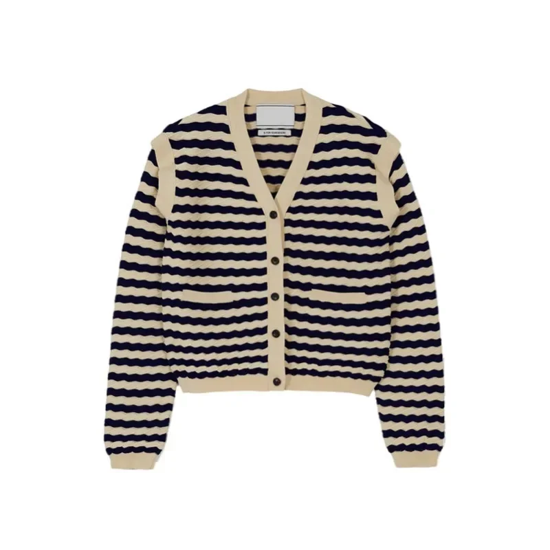 EE @ Thick Striped Knitted Sweater for Women, V-neck, Single Breasted, Commuting, Korean Niche, Spring, Summer, 2024
