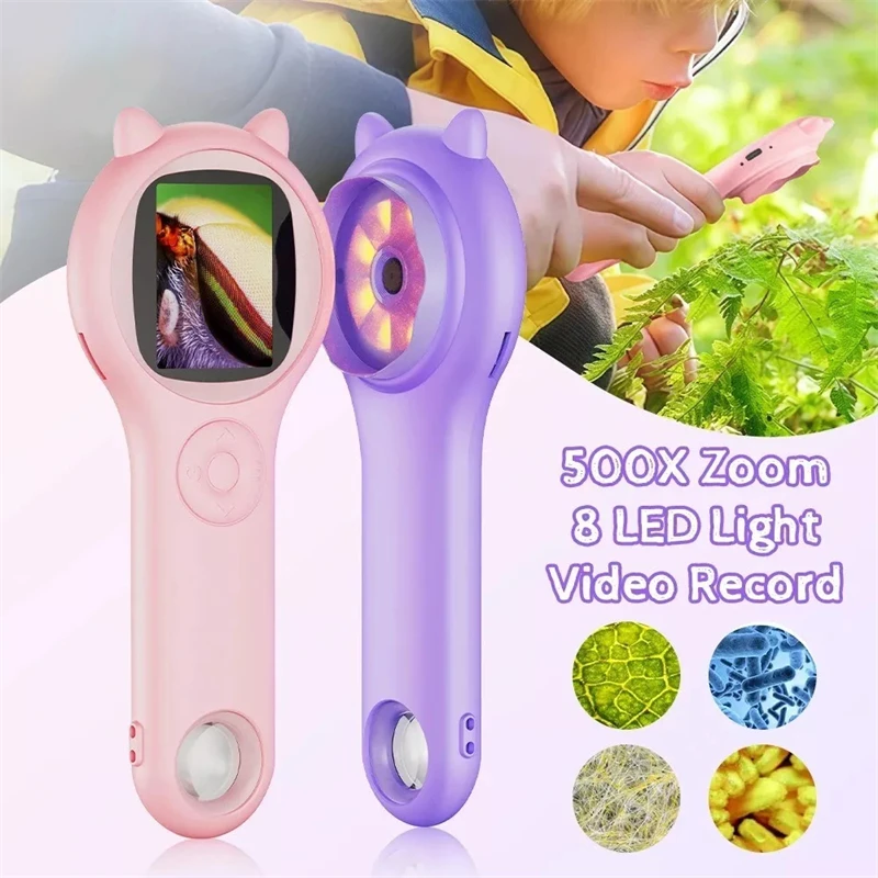 1pc500x microscópio digital portátil para crianças com 8 luzes led ferramenta científica portátil para aprendizagem de exploração biológica ao ar livre