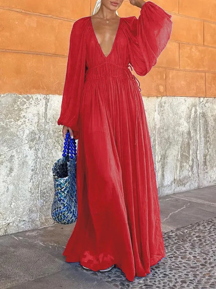 Abito da festa plissettato con scollo a V profondo sexy Abito lungo Boho a vita alta solido primaverile da donna Nuovo abito maxi con orlo a maniche lunghe autunnale