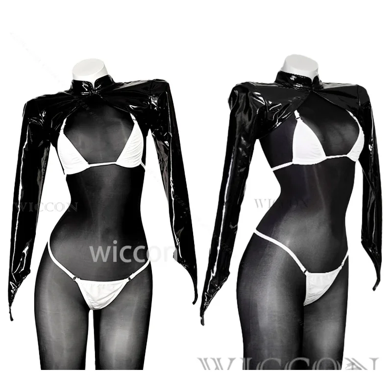 

NewWhite Rabbit Blanc Cosplay Anime Game NIKKE：The Goddess Of Victory Sexy Goth Y2k Punk Faux Leather Crop Jacket Bikini Customi