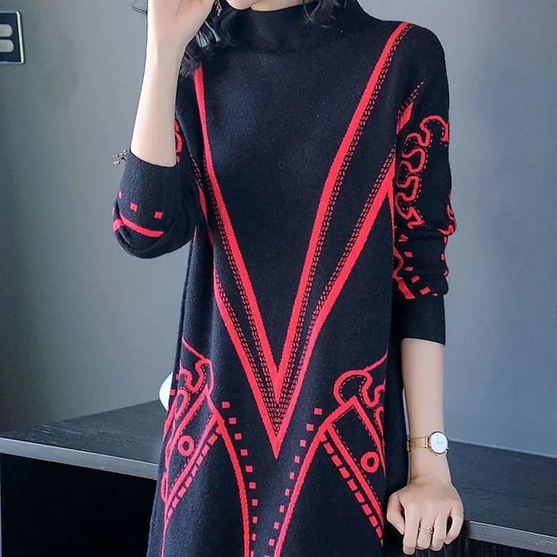 Autumn Winter Geometric Knitted Midi Dress Basic Vintage Half High Collar Women\'s Clothing Straight Casual Long Sleeve Dresses