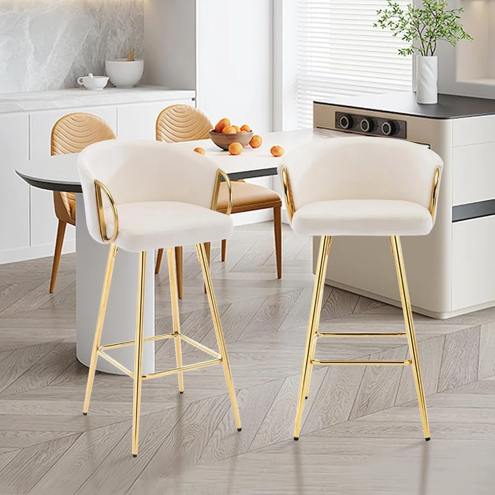 Bar Stools Set of 4, Modern 26 Inch Counter Height Bar Stools Velvet Kitchen Low Back Chair with Golden Armrest Island Home Bar