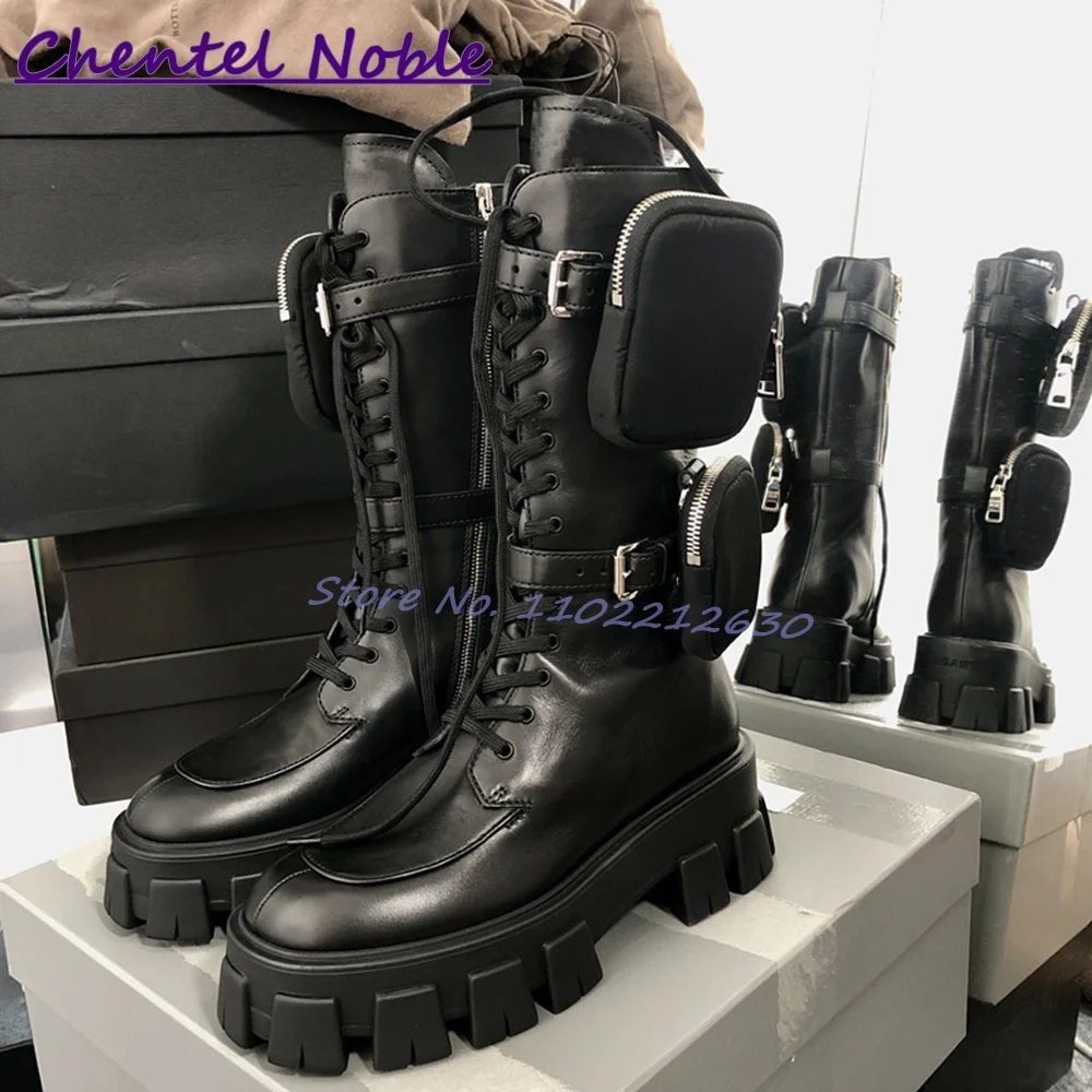 Black Motorcycle Boots Thick Sole Pockets Lace Up Leather Ankle Boots Newest Fashion Cool Comfortable Women Shoes Daily Leisure