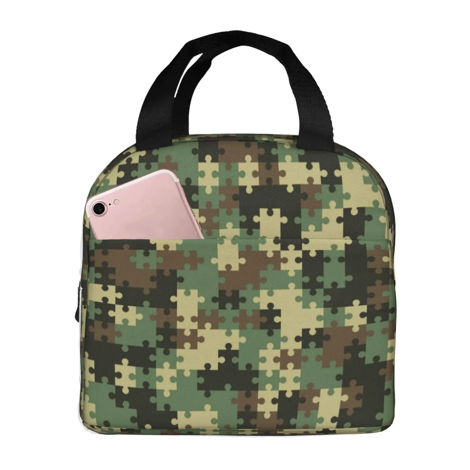 Military Green Camouflage Puzzle Print Lunch Tote Bag Insulated Leakproof Lunch Box Container with Front Pocket for Girls Boys