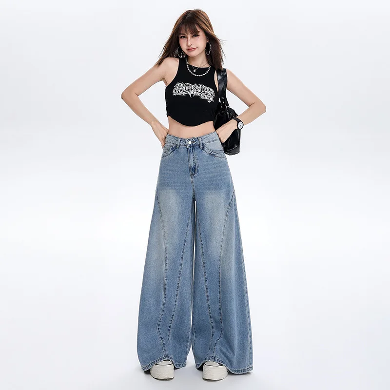 

High Waist Wide Leg Denim Jeans Women Loose Fit Splicing Design Floor-Length Trendy Jeans European Sle Waed Blue Denim