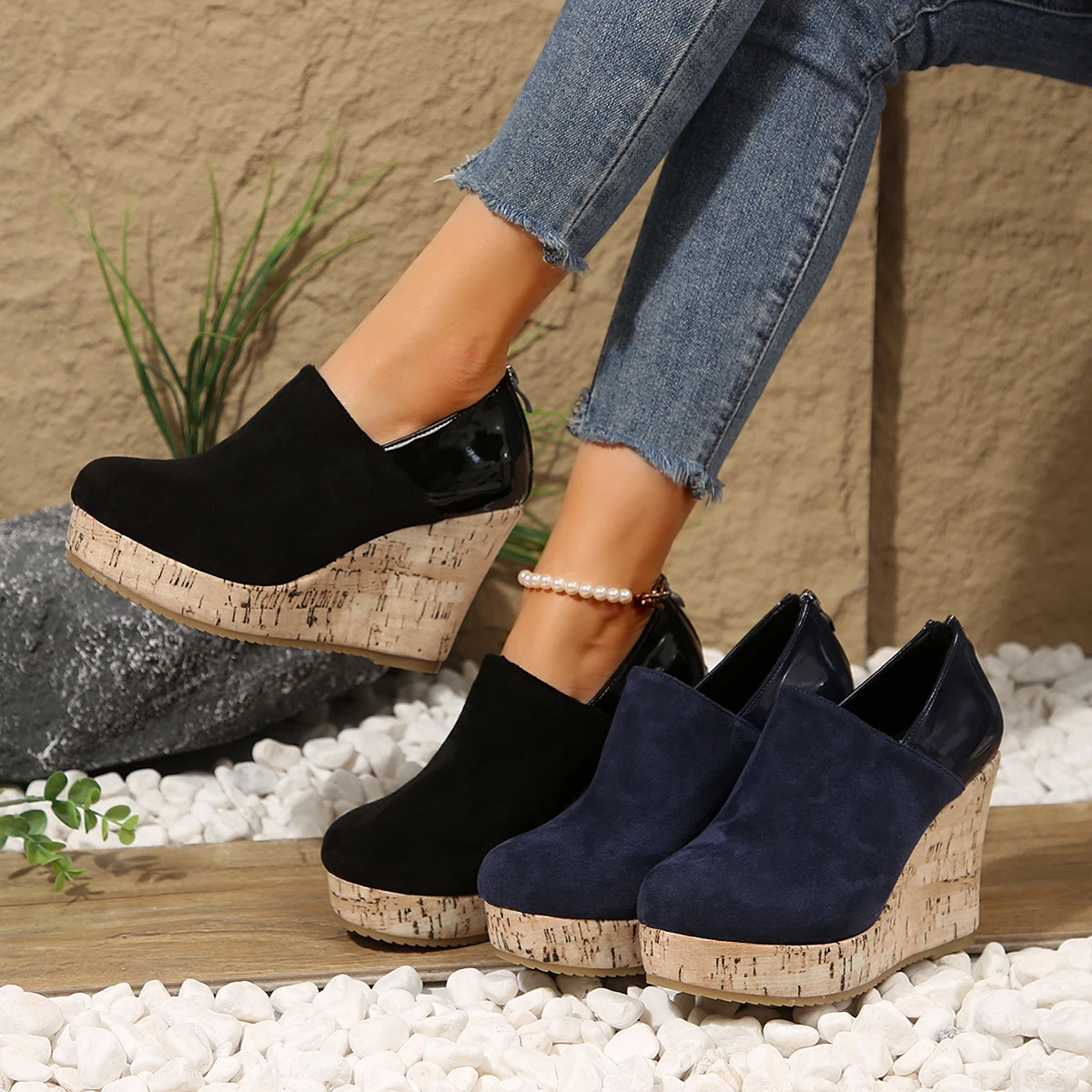 Casual Women's Shoes Large Size Wedge Heel Single Shoes Women's Loafers Spring New Leather Splicing Zipper Platform Shoes Woman