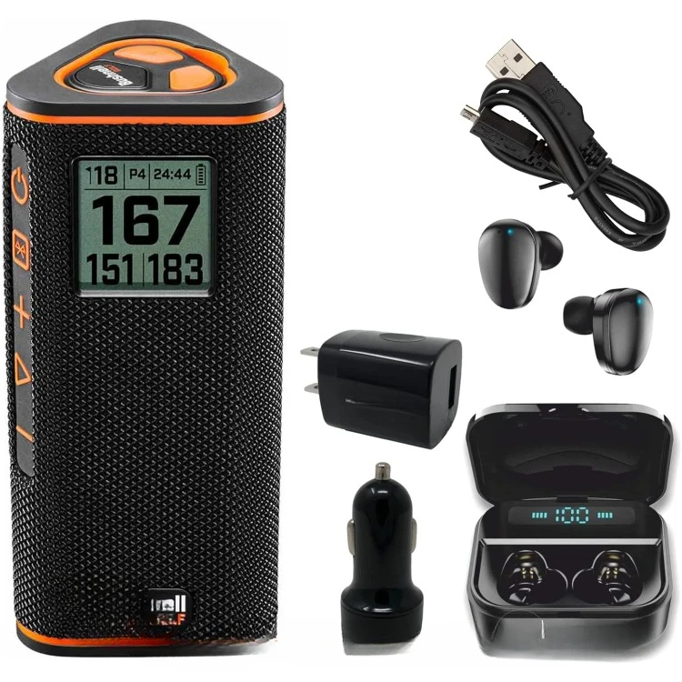 Wingman View Golf GPS Bluetooth Speaker with Ultimate Black Earbuds and Wall and Car Chargers Bundle