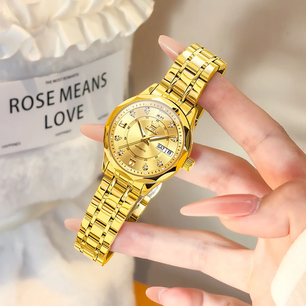 

Модные автоматические механические часы, женские водонепроницаемые часы из нержавеющей стали с календарем недели, роскошные золотые часы, женские часы высокого качества