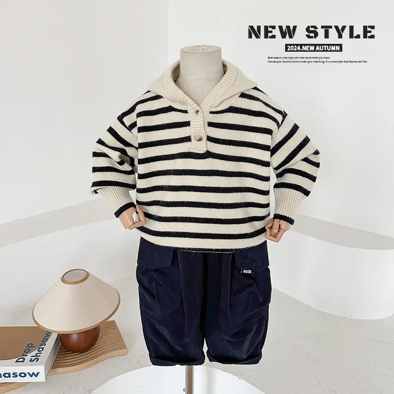 2024 Autumn New Children's Clothing Children's Striped Hooded Sweater Boys and Girls All-Match Sweater Tide