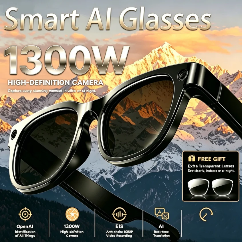 

New Smart Glasses AI Translation Object Recognition 1300W HD Camera Taking Pictures 1080P Anti-shake Video Music Smart Glasses