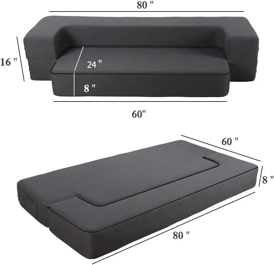 8 Inch Folding Sofa Bed Couch, Memory Foam Convertible Futon Sleeper Chair | Queen Size Modular lazy Floor Couch for Bedroom Liv