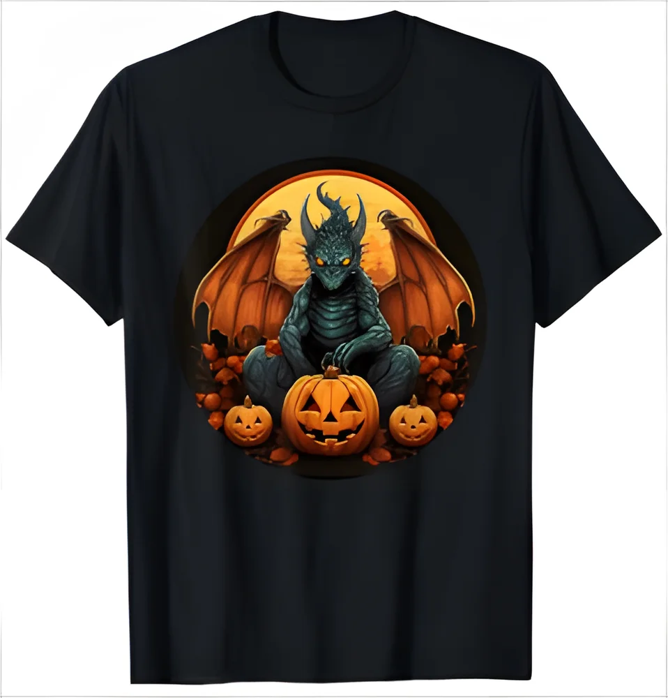 Scary sitting Dragons Face with Pumpkins for Man and Woman T-Shirt