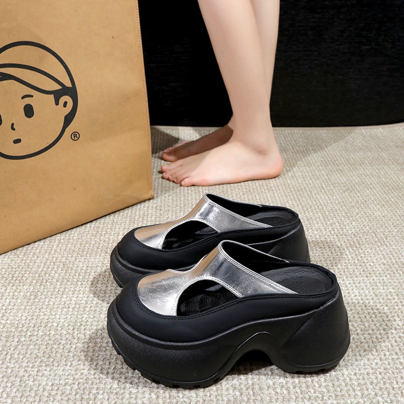 2026 Thick-soled Women's Sandals New Style High Quality Leather One-button Roman Women's Sandals Height-increasing Beach Shoes