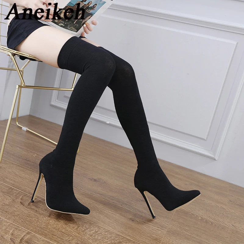 Aneikeh 2024 Fashion Sexy Pointed Nightclub Pole Dance Over Knee Sock Boots Women\'s Spring/Autumn Stretch Fabric Chelsea Boots