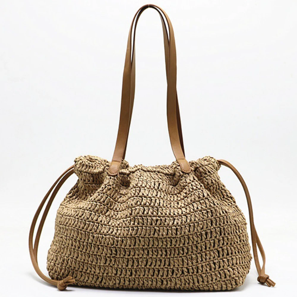 

Summer Vacation Travel Beach Bags for Women Handbag Bohemian Ruched Woven Bag Crochet Straw Bag Soft Drawstring Shoulder Bags