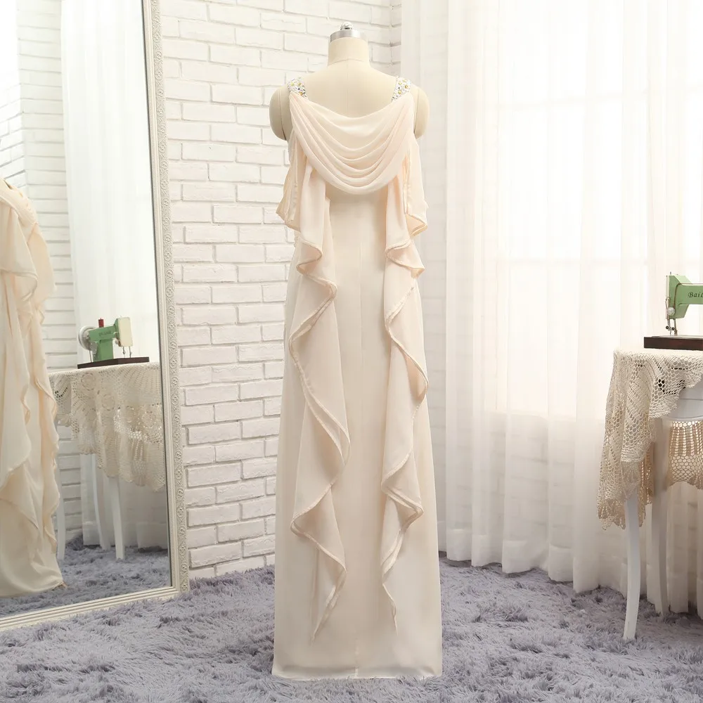 Champagne Mother Of The Bride Dresses Sheath Spaghetti Straps Chiffon Beaded Plus Size Long Groom Mother Dresses For Wedding