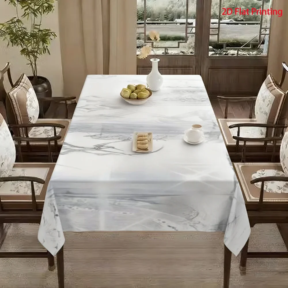 2D printed rectangular tablecloth, featuring an abstract ink-wash style with a gradient of gray and whitexzj