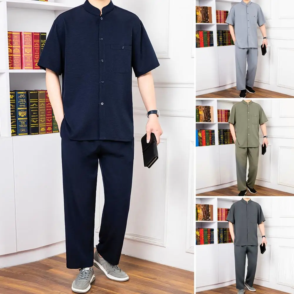 

2Pcs Men Suit Stand Collar Short Sleeve Single Breasted Shirt Elastic Waist Long Pants Set Solid Color Loose Fit Leisure Outfit