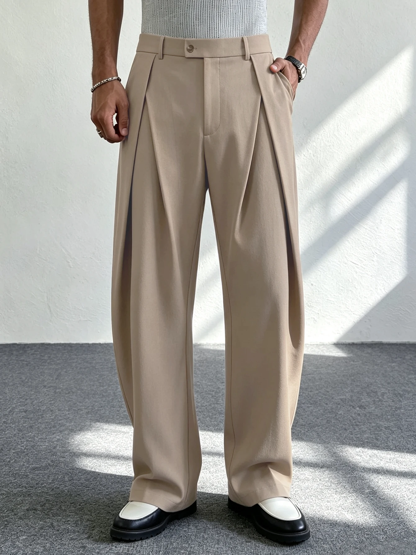 Men's Neapolitan Pleated Suit Trousers, Solid Button High Waist Elastic Waistband, Light Business Wide Leg Pants for Autumn Wint