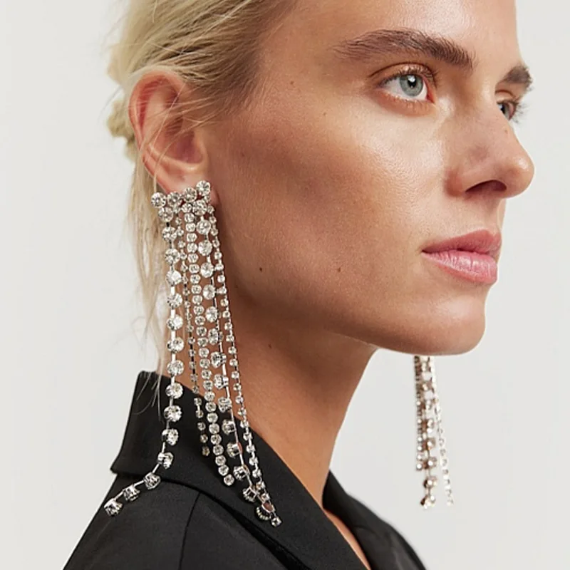 

Rhinestone Long Tassel Earrings for Women Fashion Party Queen Accessories Statement Dangle Earrings Jewelry Gift Temperament