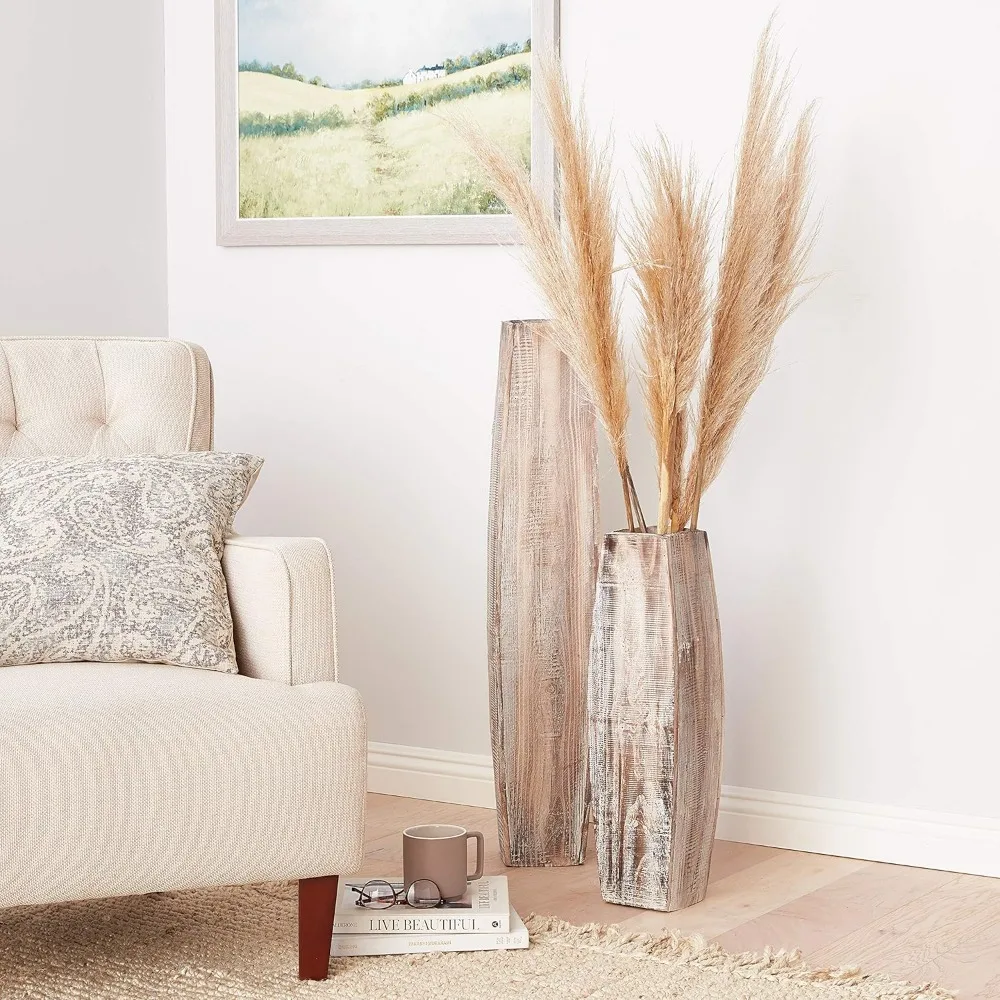 A set of white washed tall rectangular wooden vases, large and small, brown