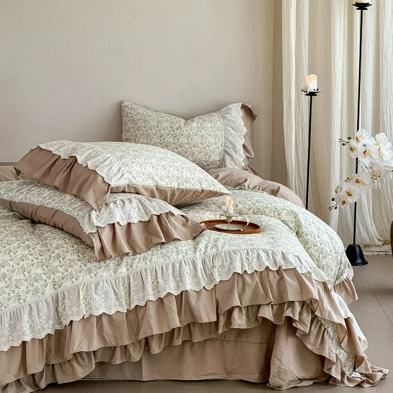 Bedroom Retro High-end Cotton Lace Four Piece Princess Style Duvet Cover, Bed Sheets, Vintage Bedding