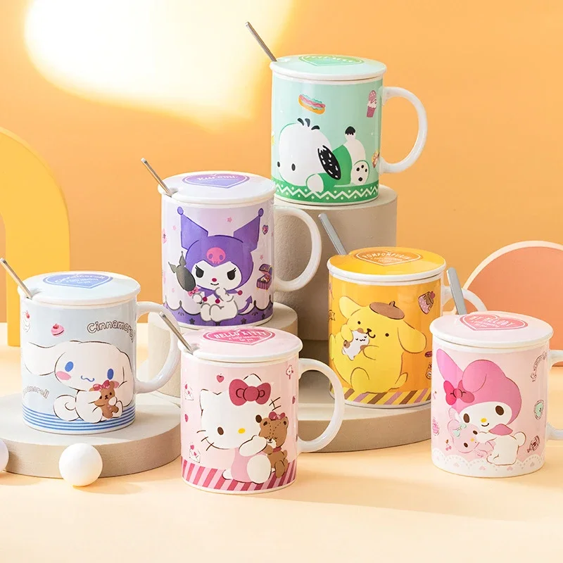 

Sanrio Kawaii Hello Kitty Ceramic Drinking Mug My Melody Cinnamoroll Anime Cartoon Exquisite Coffee Water Cup with Lid and Spoon