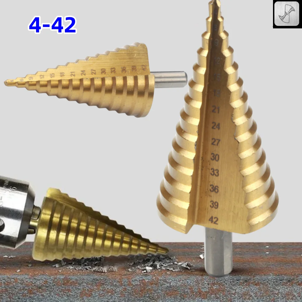 Hss Titanium Revestido Passo Broca Broca Elétrica Toolsmetal Alta Velocidade de Aço Cortador de Furo de Madeira Passo Cone Broca Peças 432 442 mm